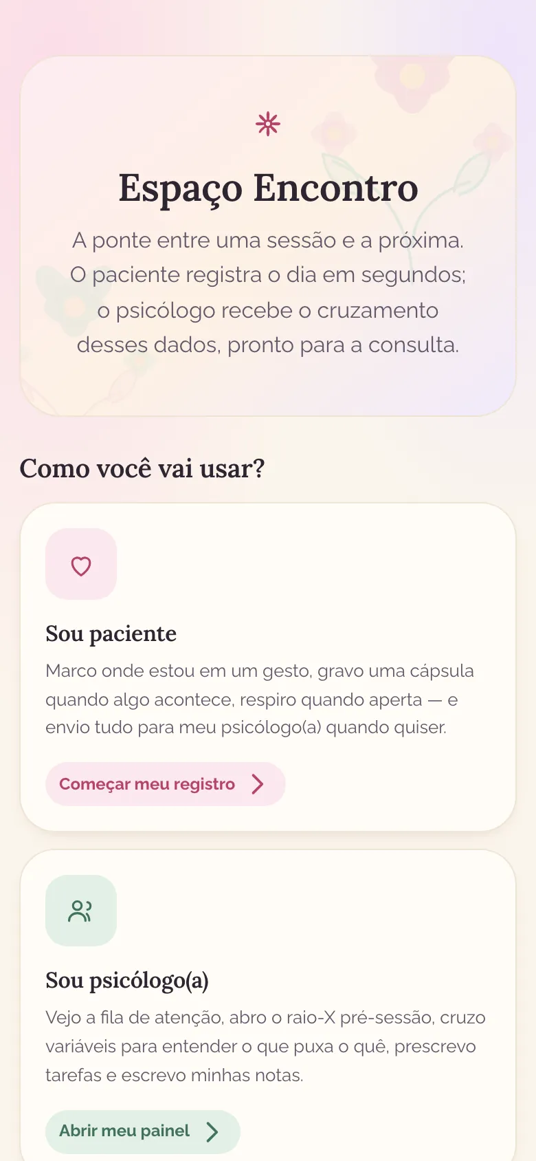 Tela inicial do app de acompanhamento terapêutico